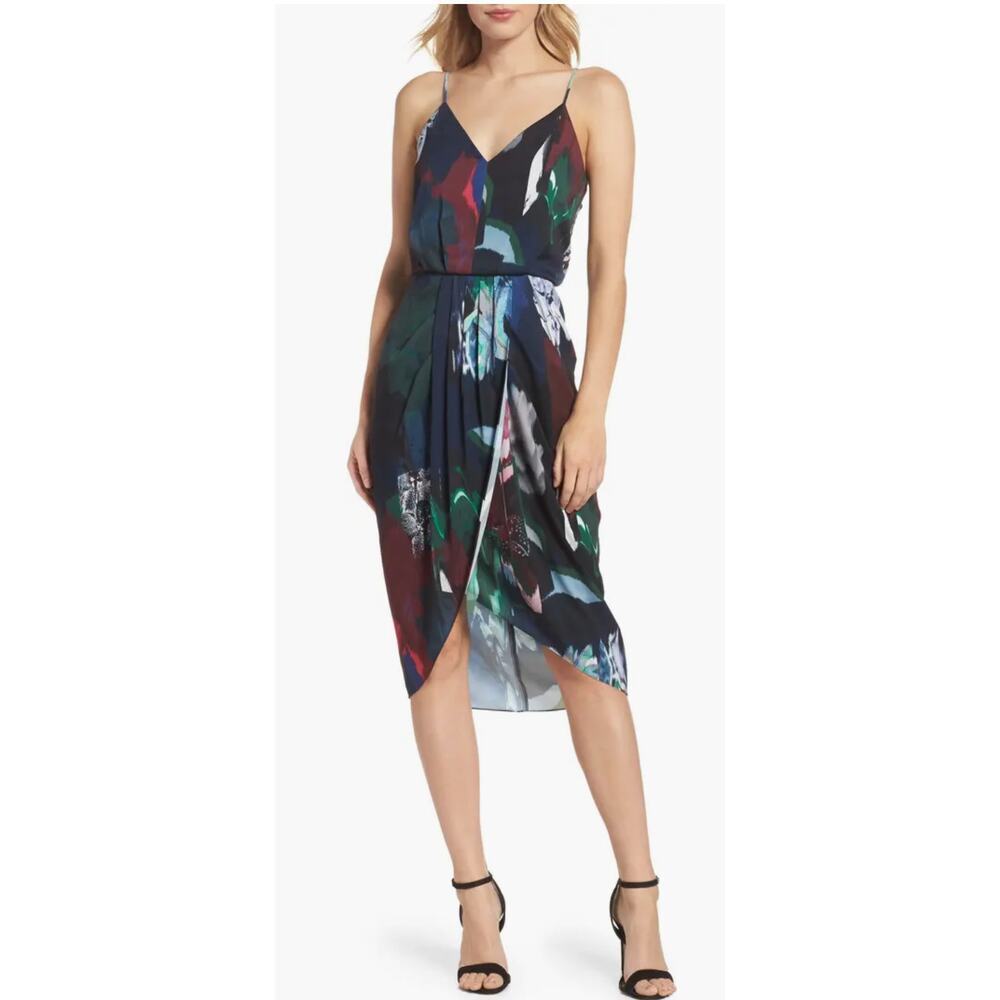 Nordstrom Chelsea 28‎ Faux Tulip Wrap Dress Abstract Art 8 Blue Blouson Strappy
